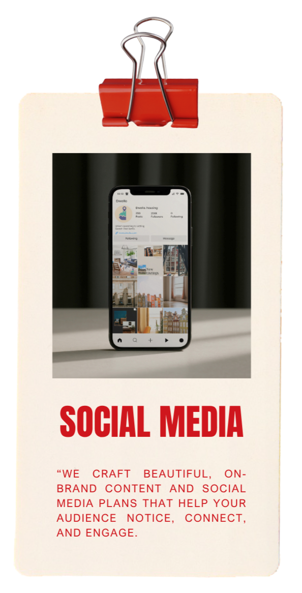 A clipboard with a red paper clip holding a card that displays a smartphone showing a social media profile related to housing, with the words 'Social Media' in bold red text and a description about creating branded content and social media plans.