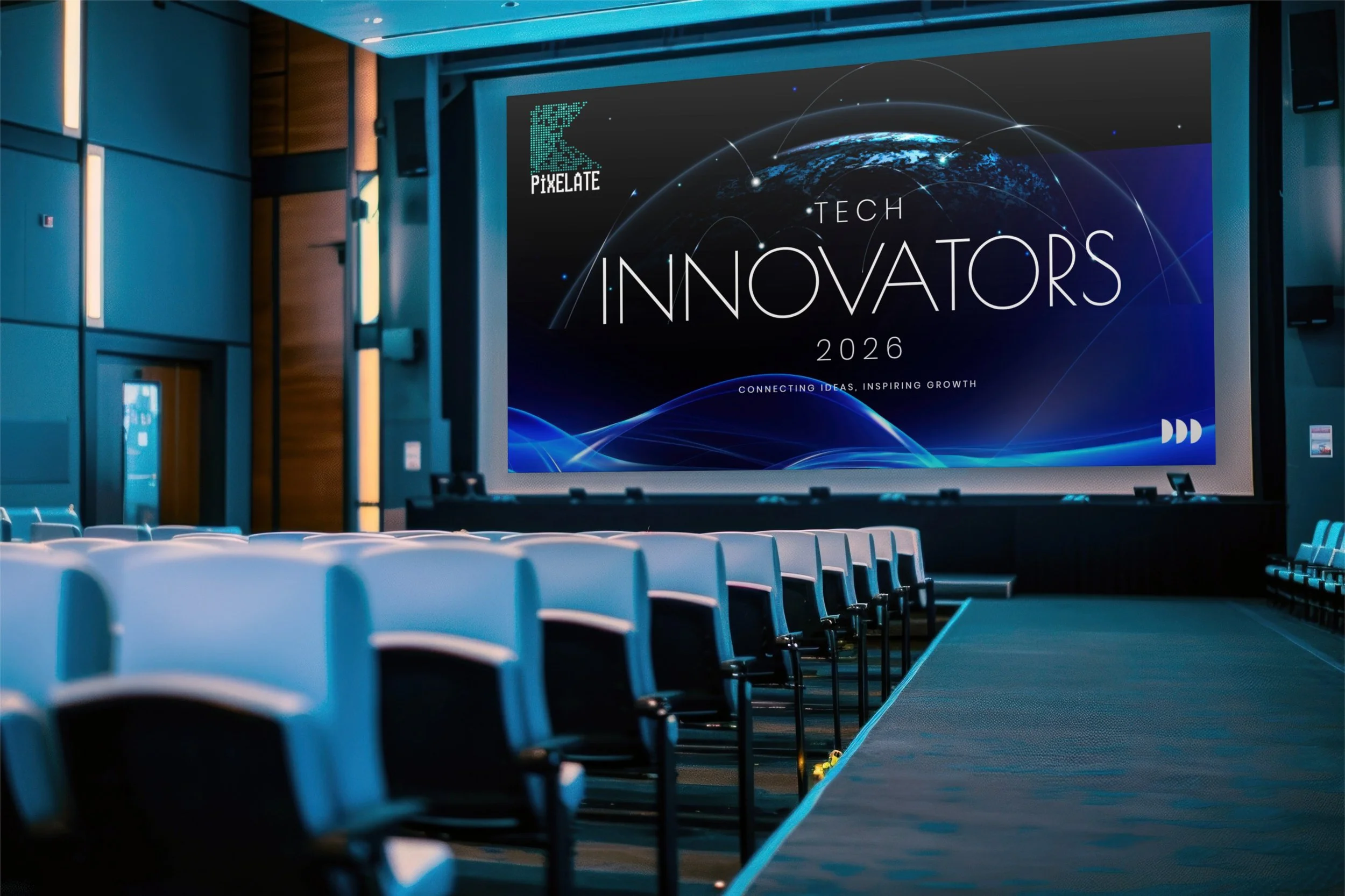 Empty conference room with rows of chairs facing a large screen displaying 'Tech Innovators 2026' with a world map and blue wave graphics.