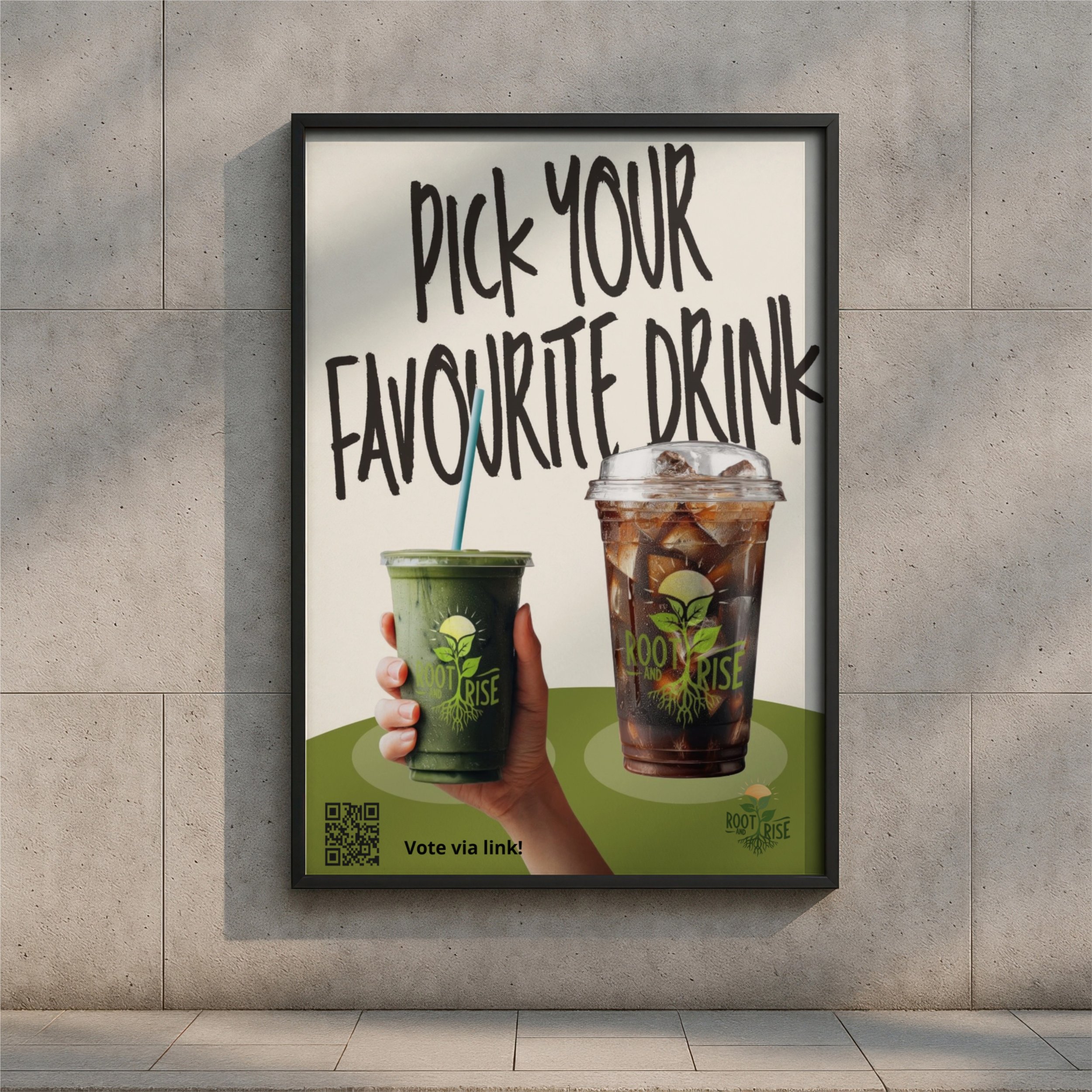A poster on a wall showing two different drinks, a green smoothie and a dark iced coffee, with the text "Pick Your Favorite Drink" above them. There is a QR code at the bottom left with the text "Vote via link!"