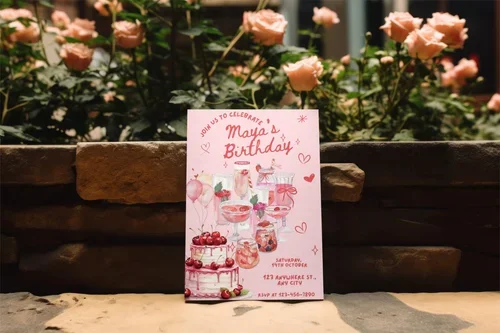 Pink birthday invitation card seated on a brick wall, decorated with champagne and cake illustrations, surrounded by pink roses in a garden setting.
