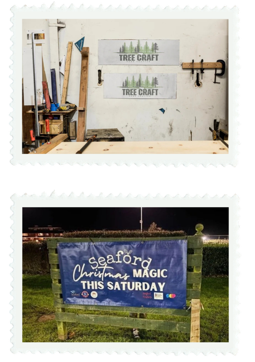First image shows a woodworking workshop with tools and a wooden work surface. Second image displays a blue banner advertising Seaford Christmas Magic event this Saturday, outdoors with grass and a wooden fence.
