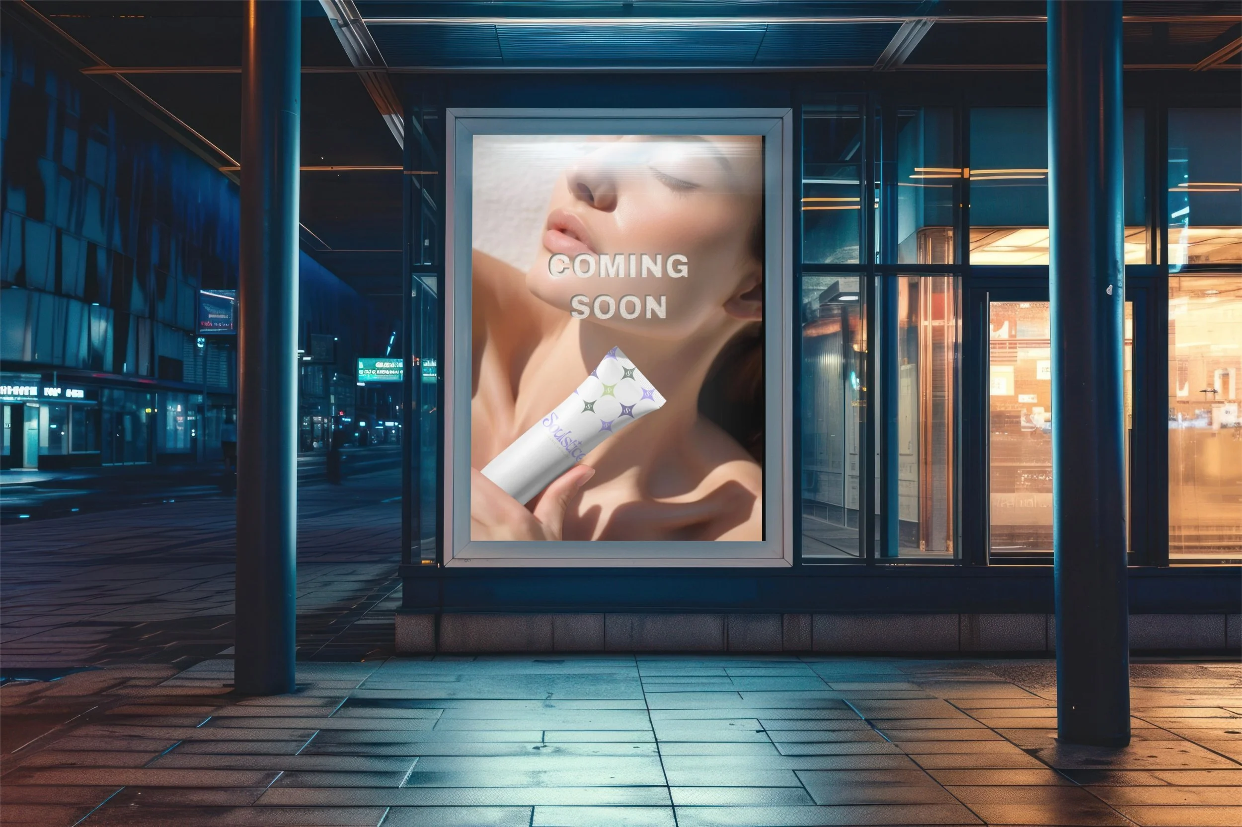 Advertisement poster featuring a woman with closed eyes holding a skincare product, with the text 'Coming Soon' displayed.