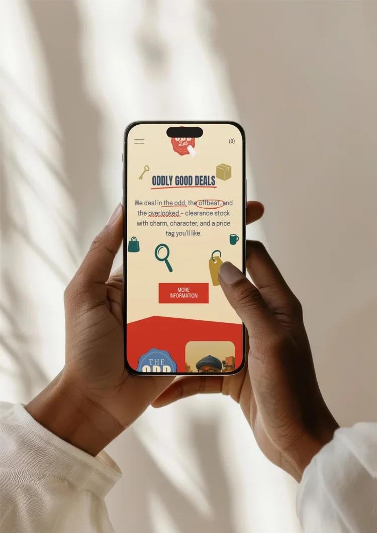 Person holding a smartphone displaying a webpage titled "Oddly Good Deals" with illustrations of a key, wrapped gift, bag, magnifying glass, and mug. The webpage discusses clearance stock and has a red "More Information" button.