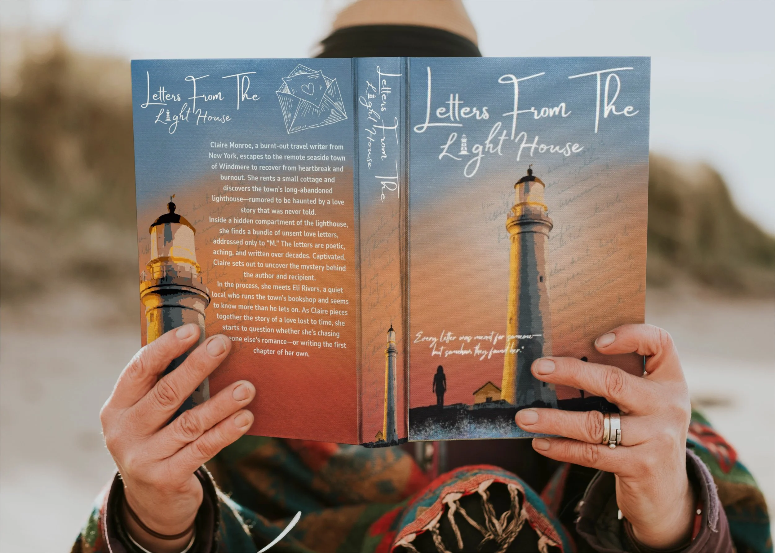 A person holding an open book titled "Letters From The Light House" featuring an illustration of a lighthouse at sunset on the cover and back.