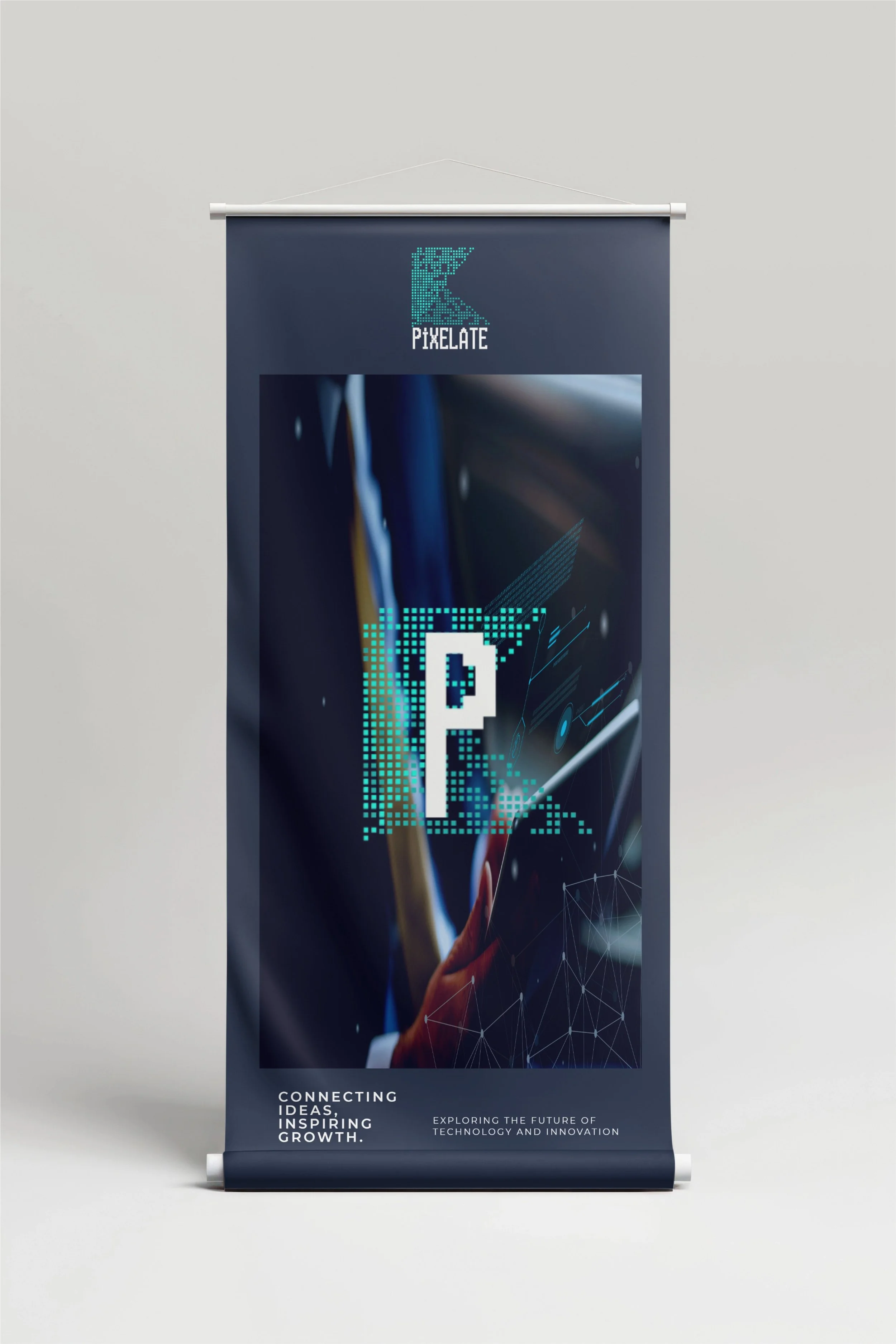 A vertical digital display banner featuring a pixelated gradient logo and the words 'Pixelate'. It shows a digital themed background with connecting lines and geometric shapes, along with the text: 'Connecting Ideas, Inspiring Growth' and 'Exploring 