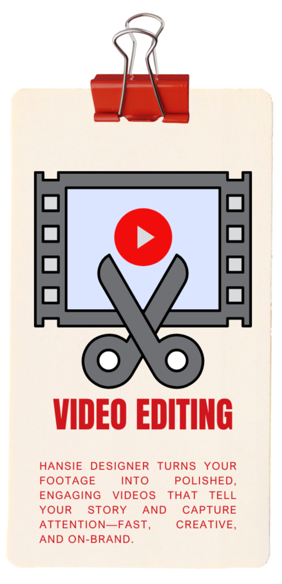 A clipboard with a red clip holding a card displaying a video editing icon, which includes a film strip with a red play button and a pair of scissors, along with the text 'Video Editing' and a description about turning footage into polished videos.