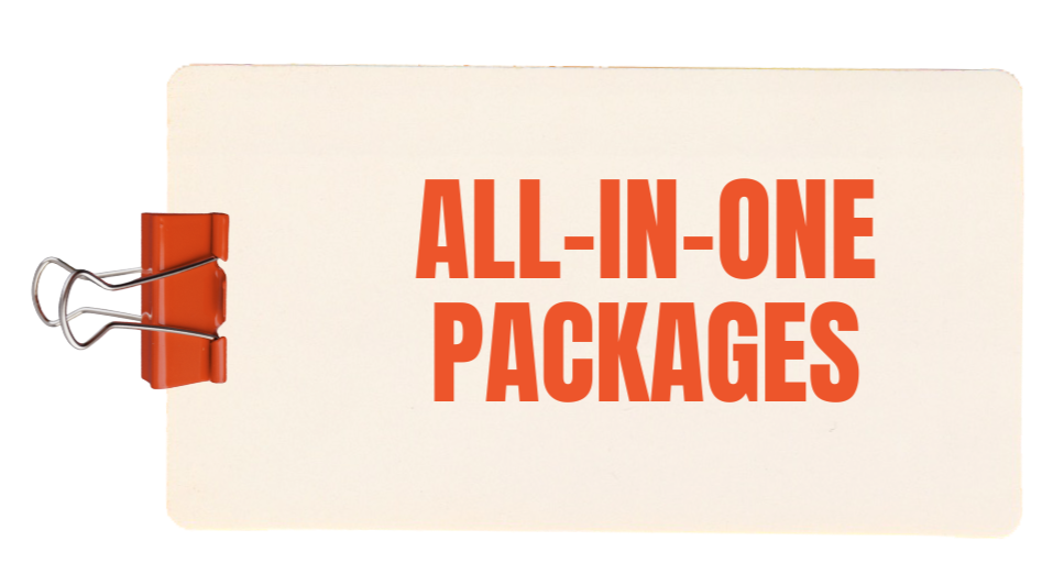 Sign with orange text on a white background that reads 'ALL-IN-ONE PACKAGES' and a red binder clip on the left side.