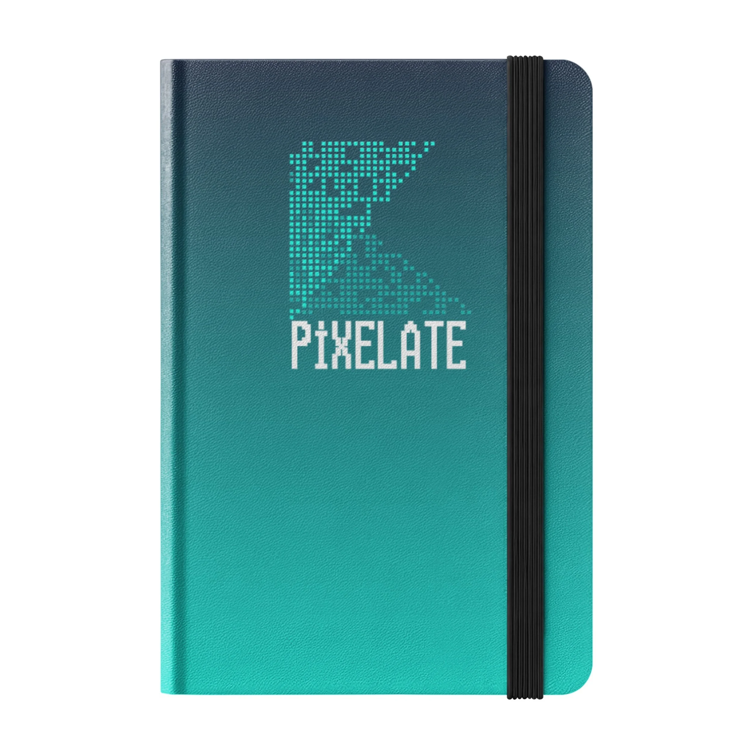 A teal and dark blue hardcover Pixelate branded notebook with a black elastic band.