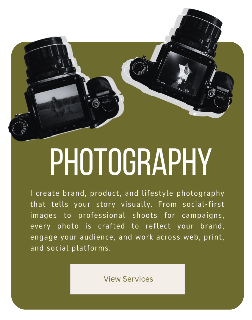 A digital flyer for photography services featuring two black cameras with photos on their screens and a green background. The text promotes brand, product, and lifestyle photography, emphasizing storytelling and professional shoots for campaigns, web, print, and social platforms, with a button labeled 'View Services.'