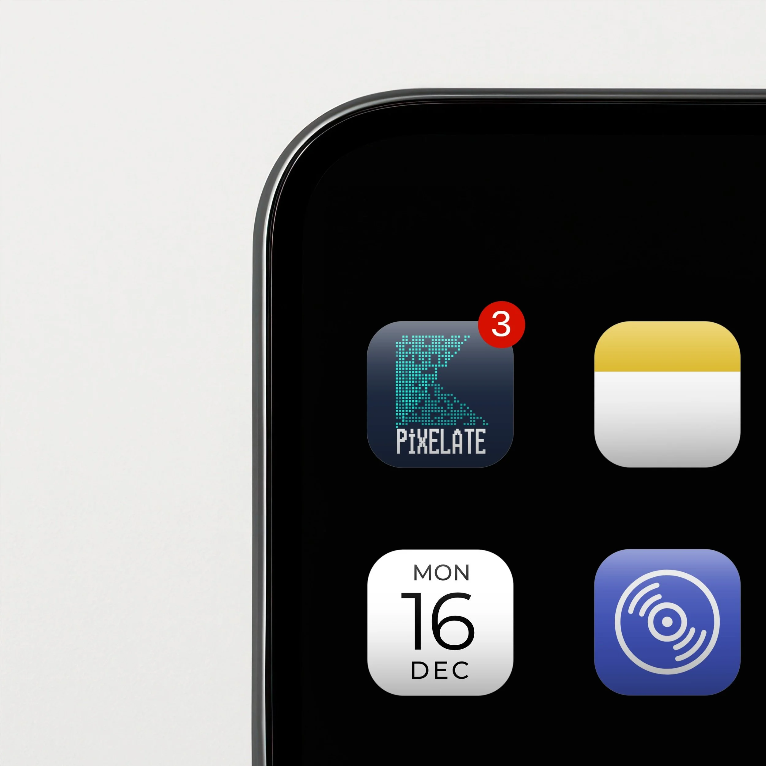 Close-up of a smartphone screen displaying app icons, including Pixelate with a notification badge showing three unread messages, a calendar date of Monday, December 16, and a blue app with a white circular symbol.