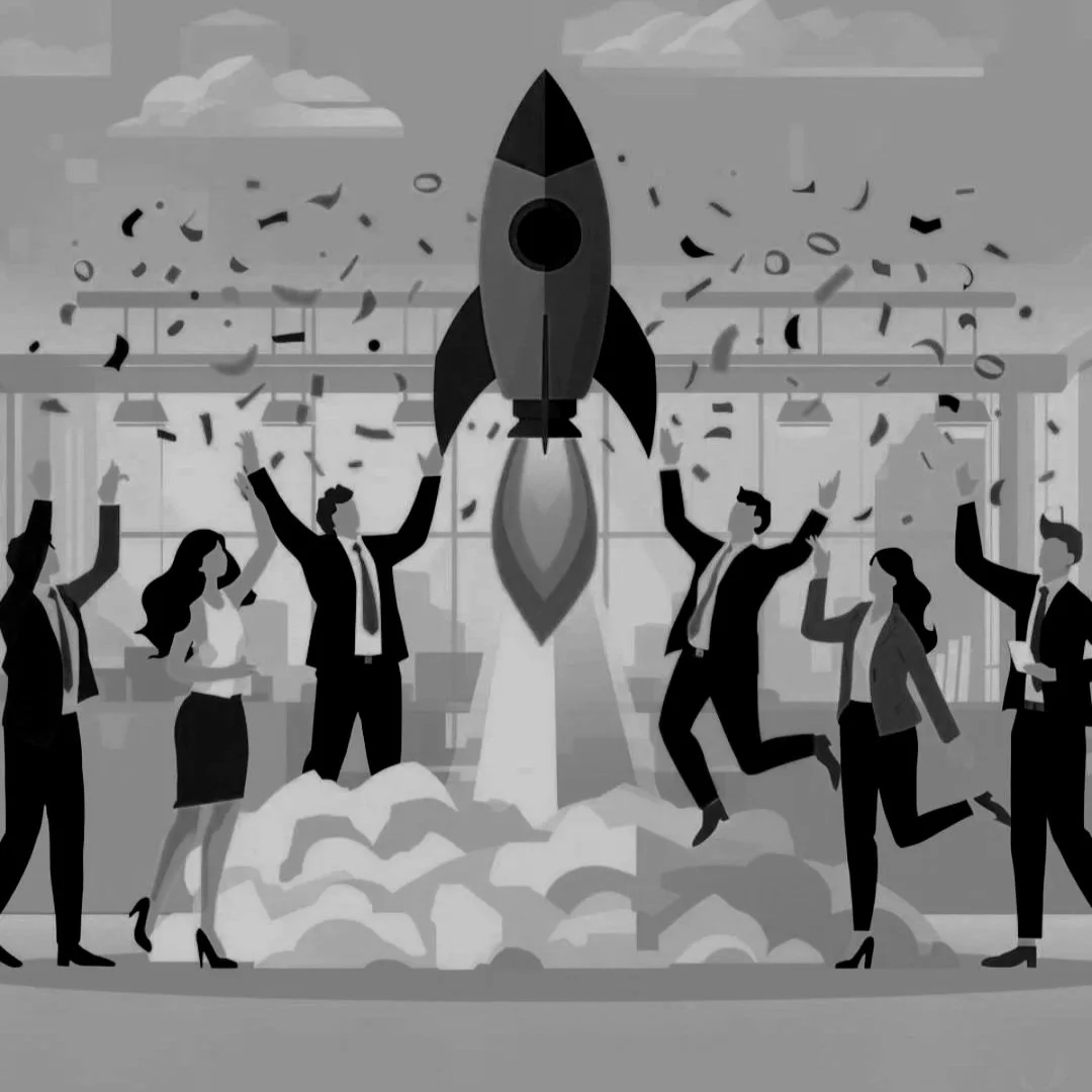 People celebrating a successful launch of a rocket in an office setting, with confetti and a rocket ship taking off.