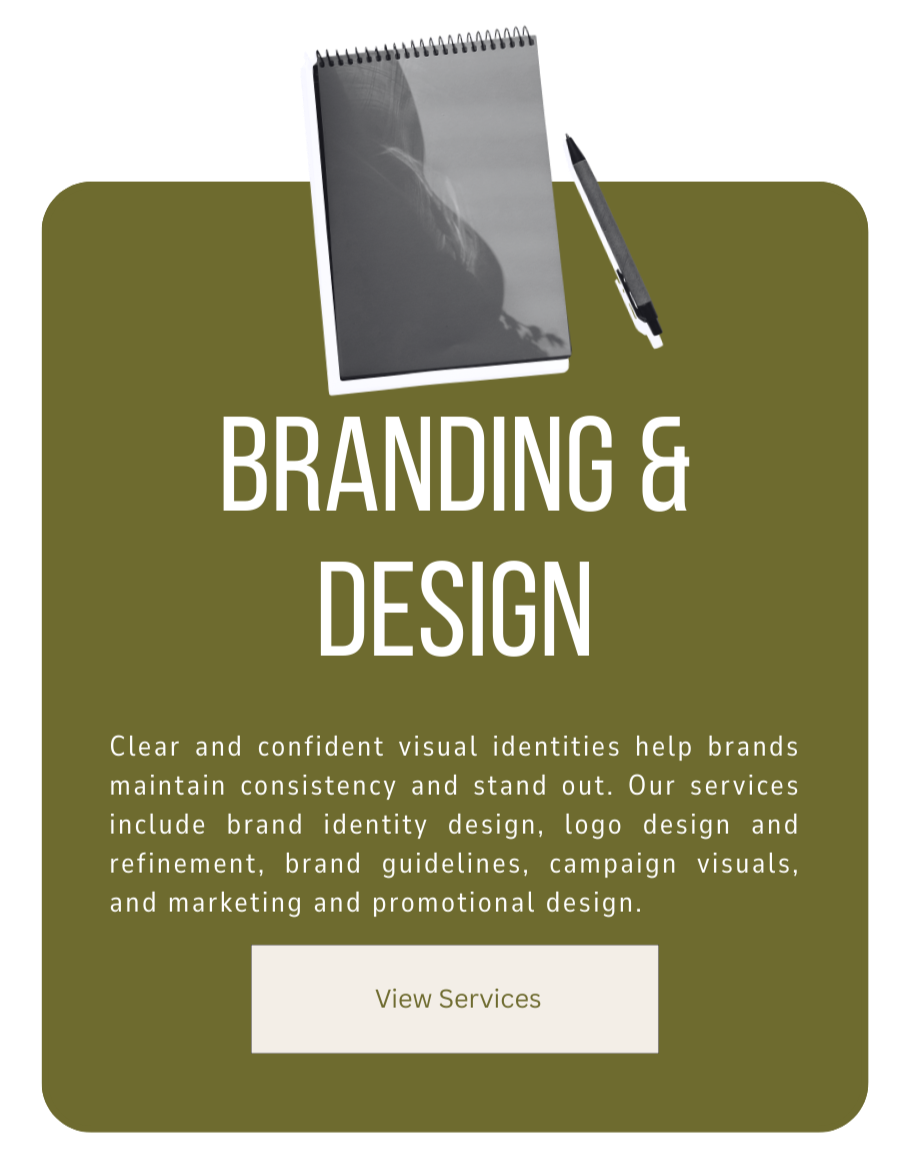 A marketing flyer for branding and design services with a green background, a black-and-white notebook and pen at the top, and a 'View Services' button at the bottom.