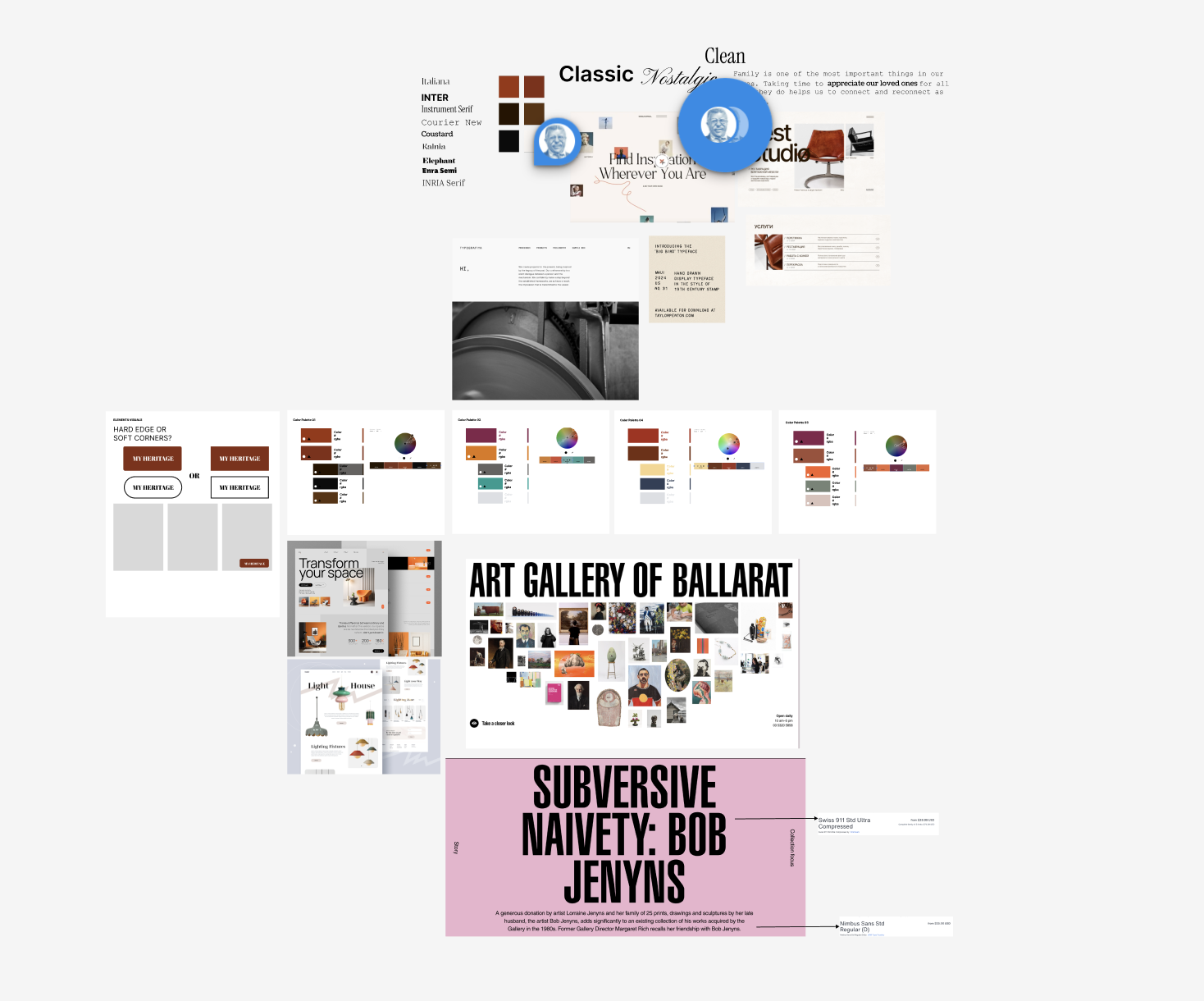 Collage of art gallery posters and website designs, featuring images of artwork, text in bold fonts, color palettes, and promotional content for the Art Gallery of Ballarat and an exhibition called 'Subversive Naivety: Bob Jenkins'.