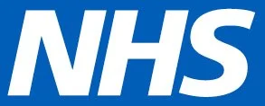 NHS logo in blue and white.