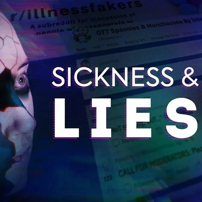 Close-up of a stylised cracked facewith the text 'SICKNESS & LIES' overlaid and a blurred background of a social media page or forum.