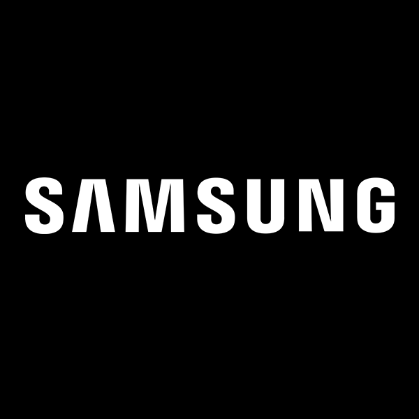 Samsung logo in white on a black background.