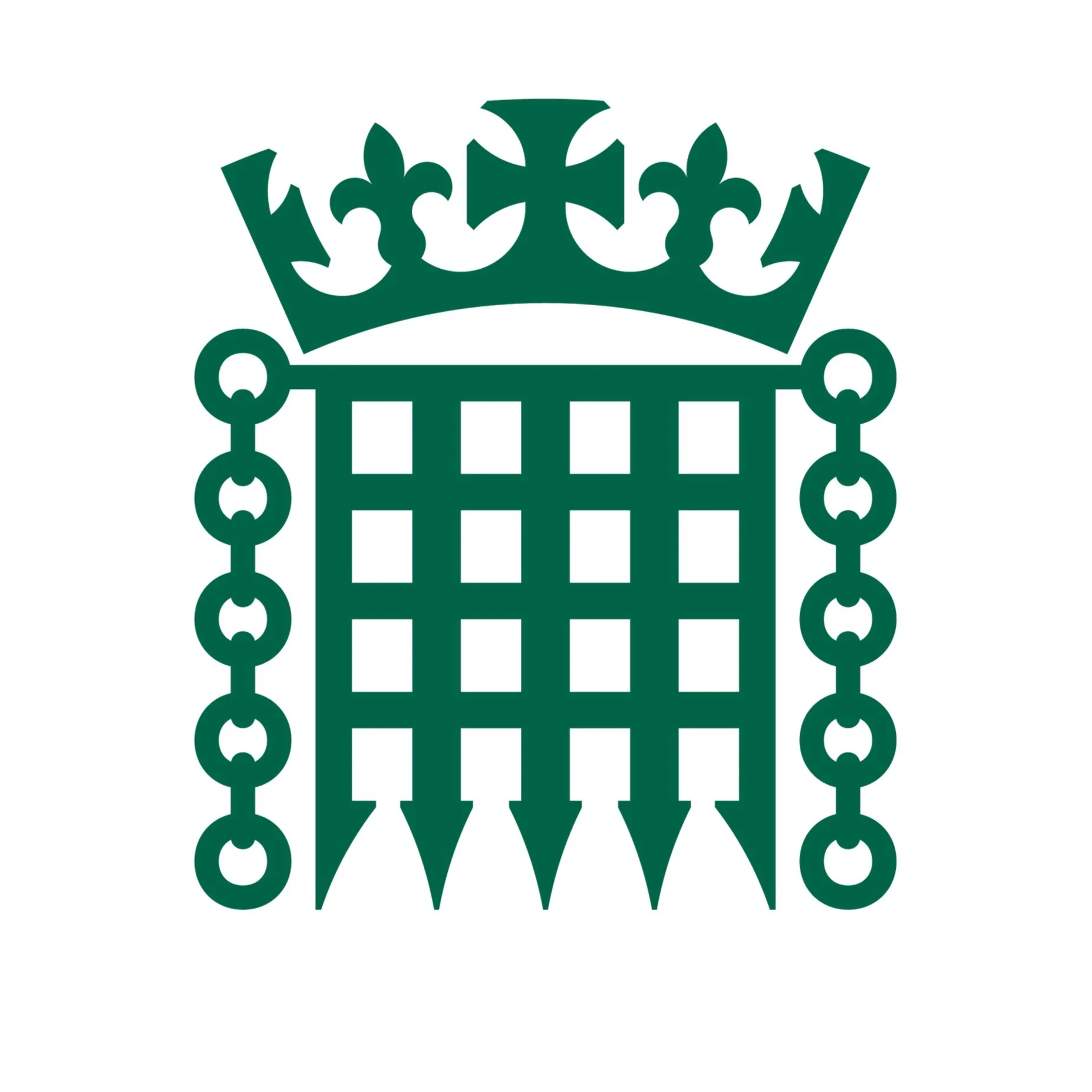 Green emblem featuring a crown above a shield and chain links on the sides, the house of commons and british parliament portcullis
