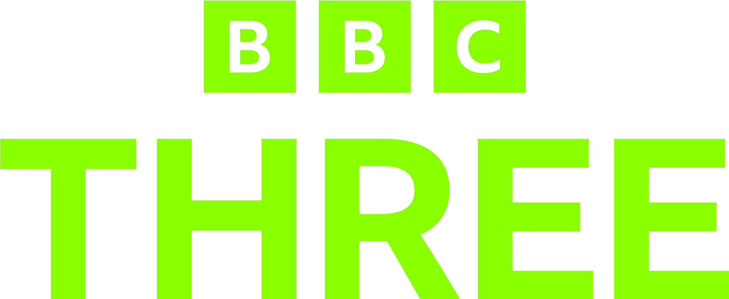 Logo with bright green text reading "BBC THREE".