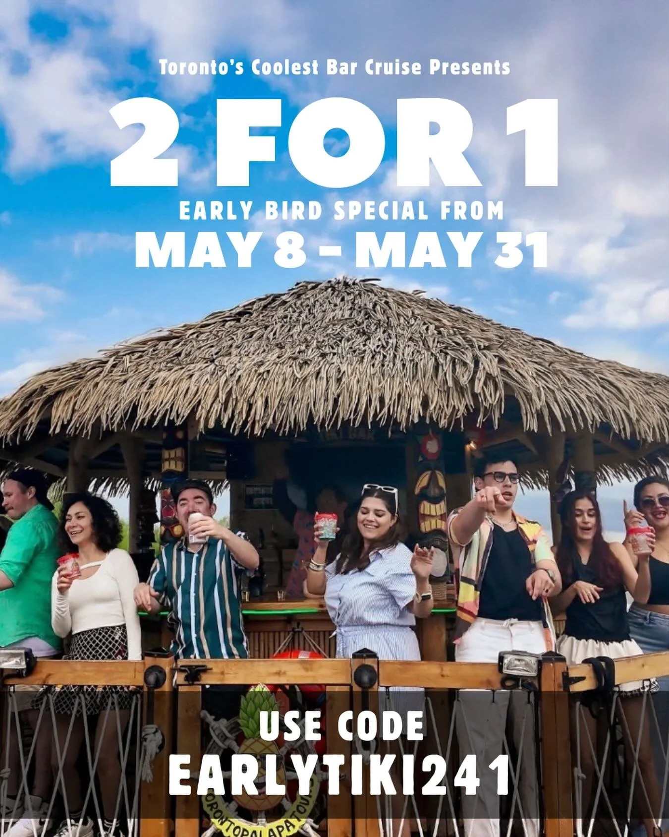 EARLY BIRD ACCESS IS LIVE 🌴 The countdown to summer just started ☀️

May 8&ndash;31
2 FOR 1
Private + Public Tours

Toronto hits different on the harbour.

Code: EARLYTIKI241

Offer expires April 15.

Book now for:
✔ Skyline views
✔ Cocktails in han