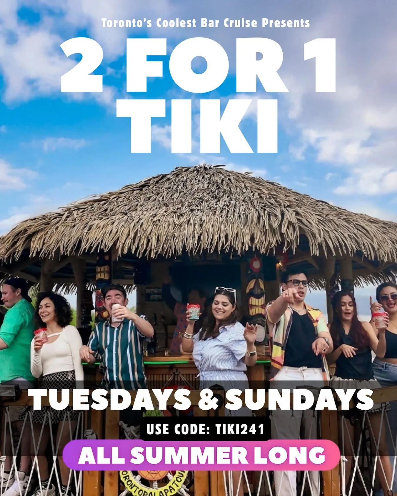 🎉 Sundays just joined the party!

Our popular 2-for-1 Tuesday promotion is now available every Sunday too!

🍍 Tuesdays &amp; Sundays
🎟️ Public Tickets + Private Charters
🏷️ Use Code: TIKI241

Bring your favourite person, your group chat, or the w