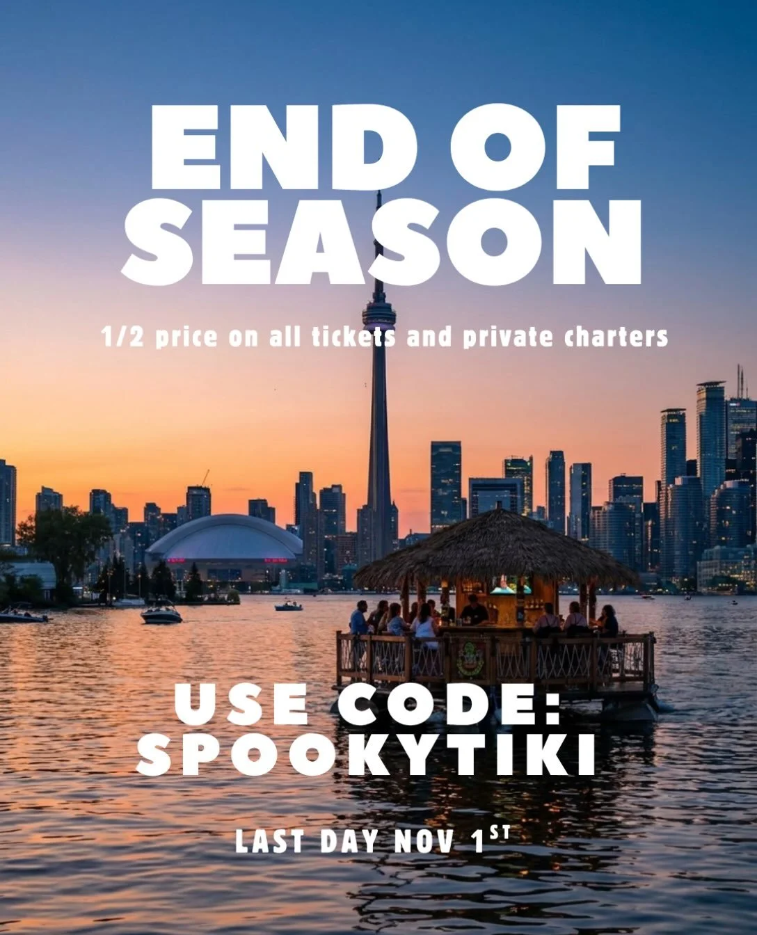 🚨 TORONTO, THIS IS YOUR LAST CALL TO TIKI. 🍍👻

We&rsquo;re going out with a bang. HALF PRICE on ALL tickets AND private charters until November 1st. Whether you&rsquo;ve been meaning to get the group together or you&rsquo;re squeezing in one last 
