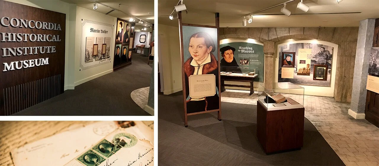 Exhibit at Concordia Historical Institute Museum with historical portraits, paintings, and artifacts displayed.