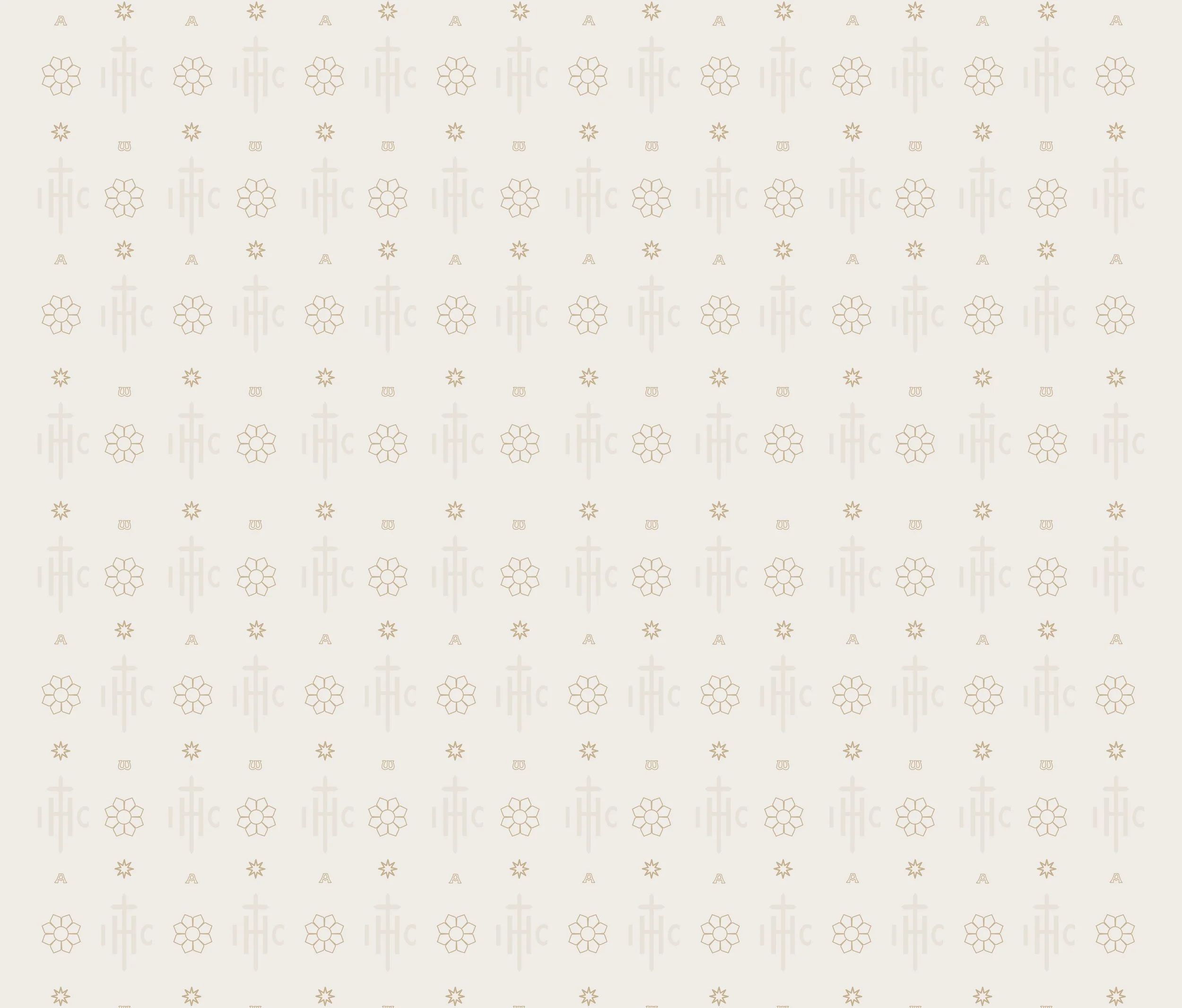 A beige background with a repeating pattern of symbols—the alpha and omega letters, shape of the rose window, and eight-pointed stars.