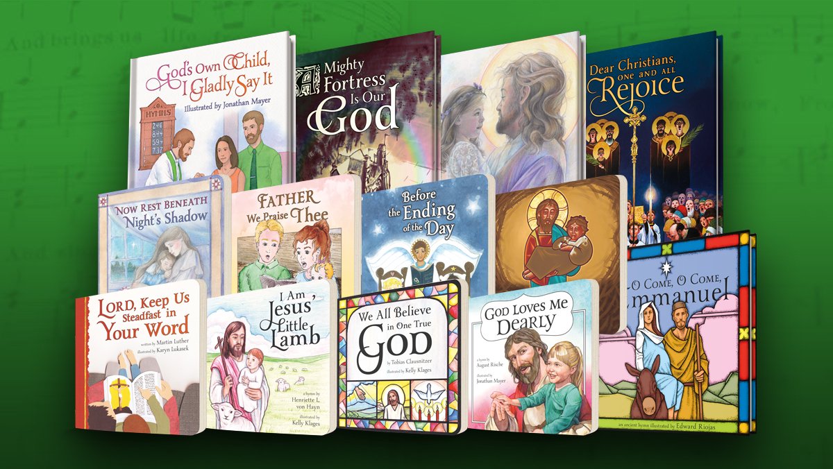 A collection of children's religious books featuring Bible stories and Christian teachings, displayed against a green background.