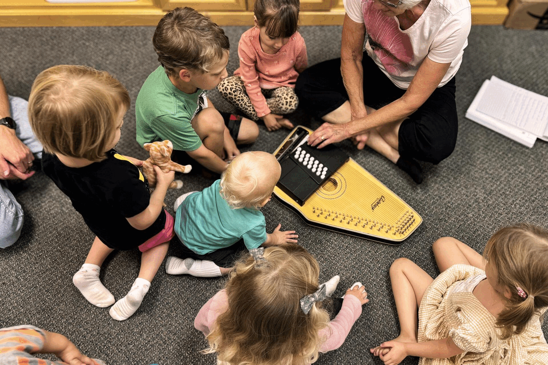 A gif that switches between scenes of music classes and coffee hour.