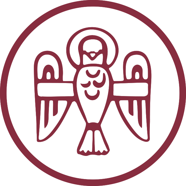 Line drawing of a dove, the Holy Spirit, ascending and surrounded by a circle.