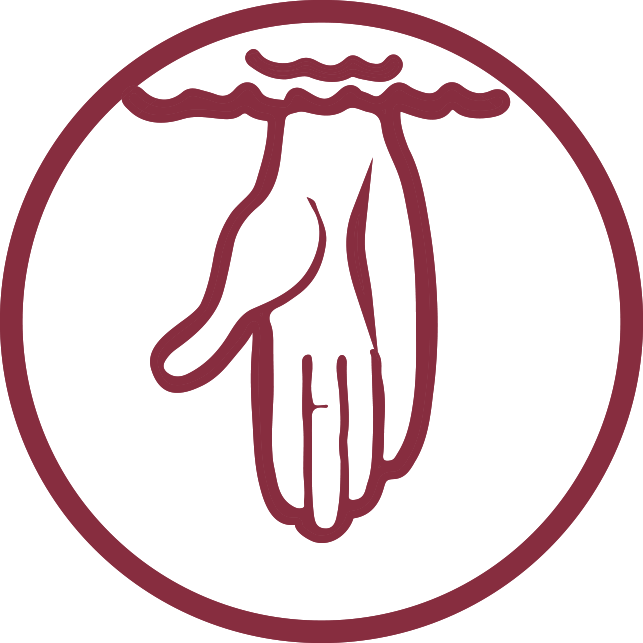 Line drawing of the hand of the Father pointing down, surrounded by a circle.