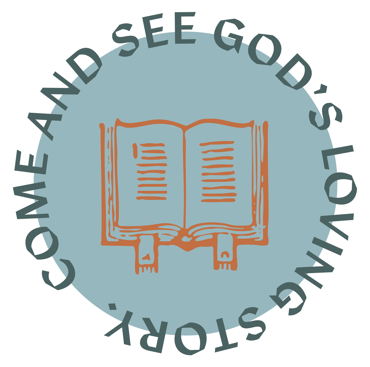 Open book illustration with the text 'Come and See God's Loving Story' encircling it.