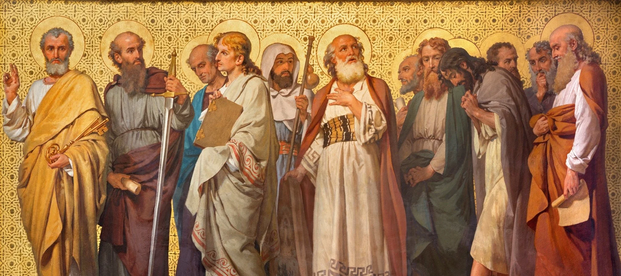 A painting of the twelve apostles, each holding a different object, standing in a line with a gold patterned background.