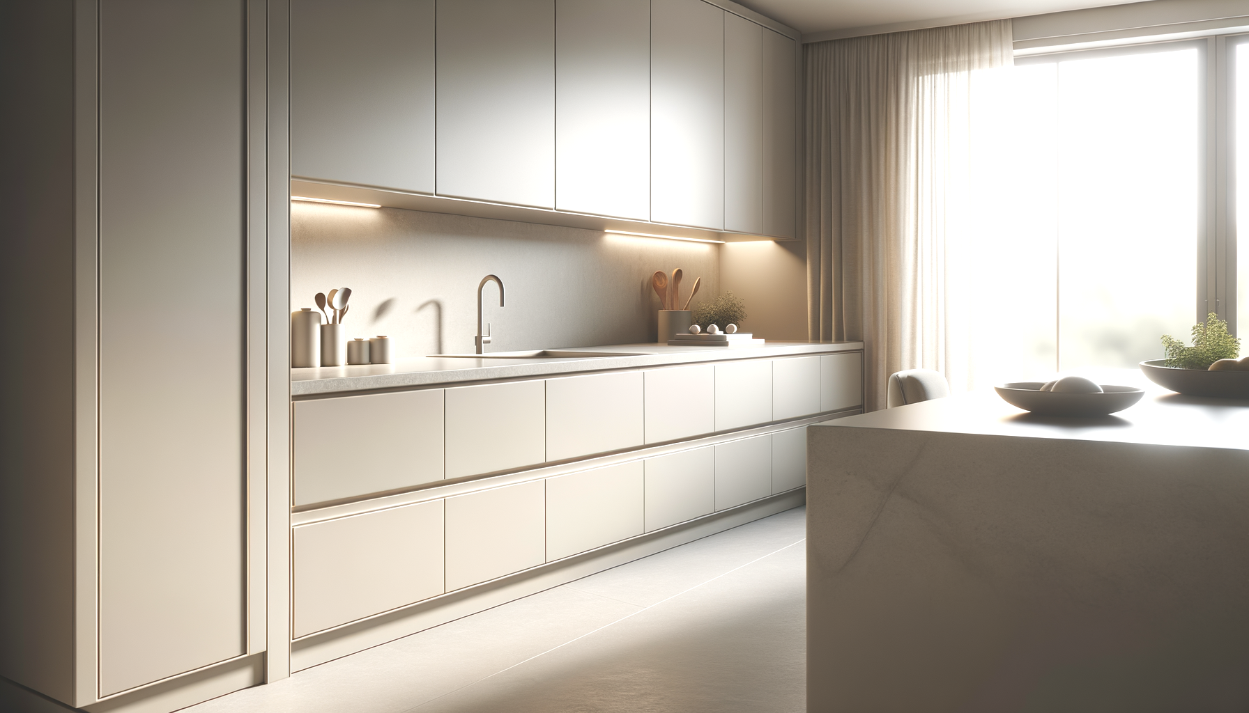 Modern minimalist kitchen with white cabinetry and natural light, showcasing residential construction and remodeling in Michigan and Florida