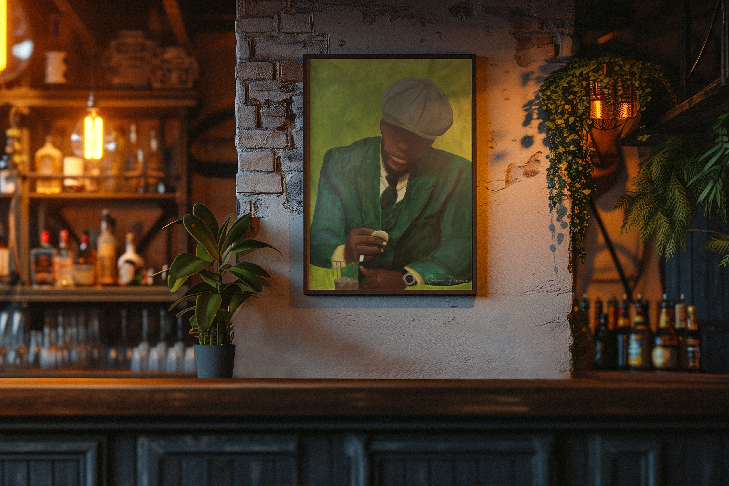 "Games"
Commanding yet composed, 

Games is a portrait of cool confidence. Draped in an emerald green suit, the subject holds a poker chip with intention—his expression obscured beneath a tailored cap, evoking mystery and unshakable self-assurance. T