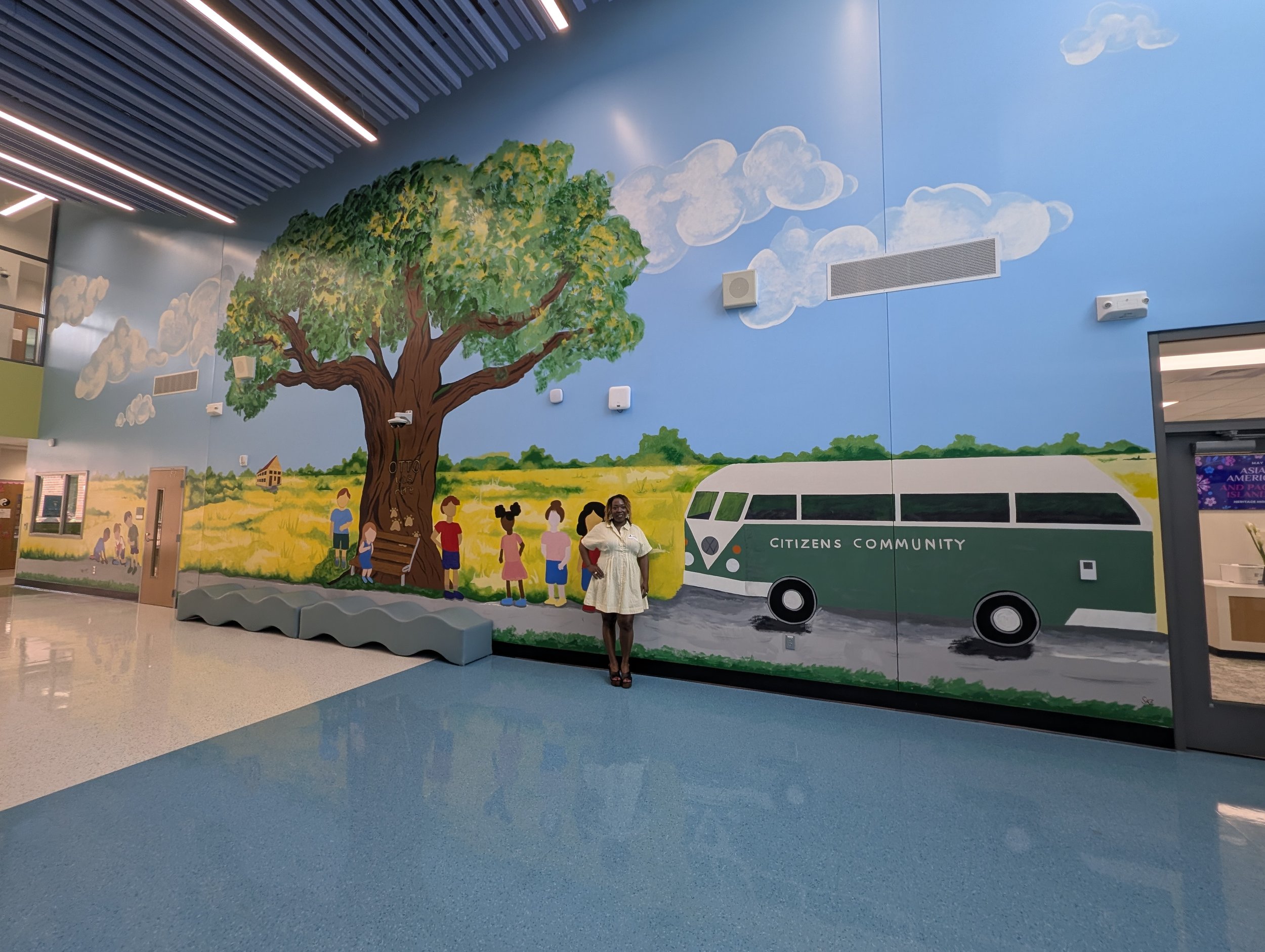 Here it is:

Johns Island Elementary School Lobby Mural

Charleston County School District | Johns Island, South Carolina
384 square feet of Johns Island history — painted directly onto the lobby wall of Johns Island Elementary School for the Charles