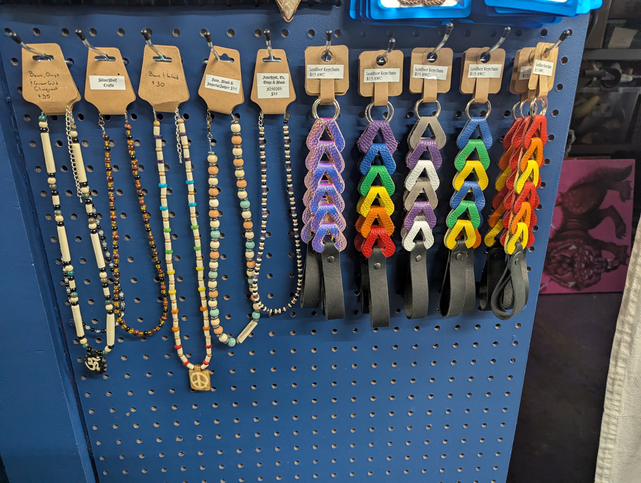 Keychains and Necklaces with bones that are all handmade