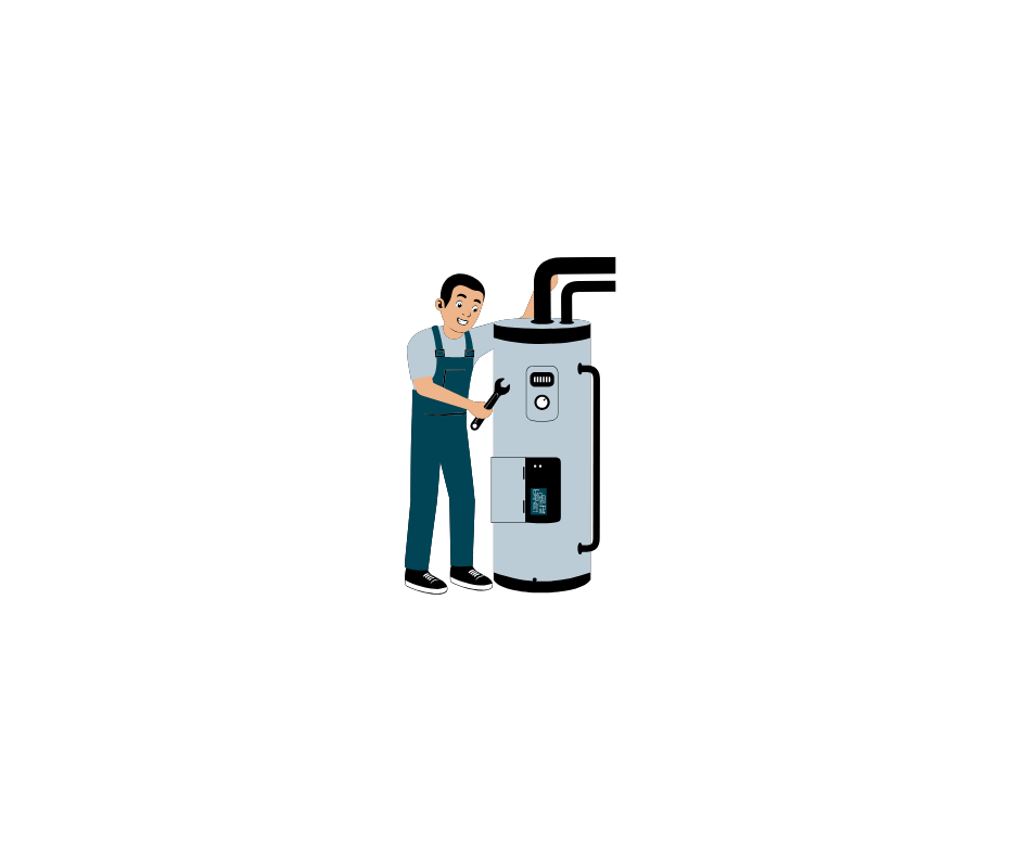 Illustration of a person in overalls holding a wrench, standing next to a water heater, with a green background.