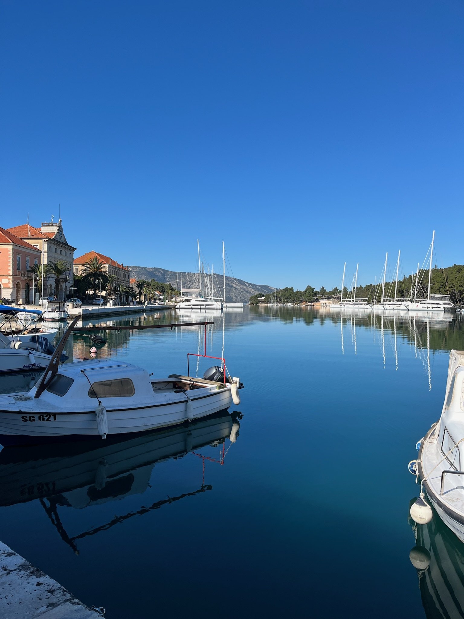 A peaceful marina with small boats docked, calm water reflecting the blue sky and sailboats, with a row of colorful buildings and palm trees along the waterfront.