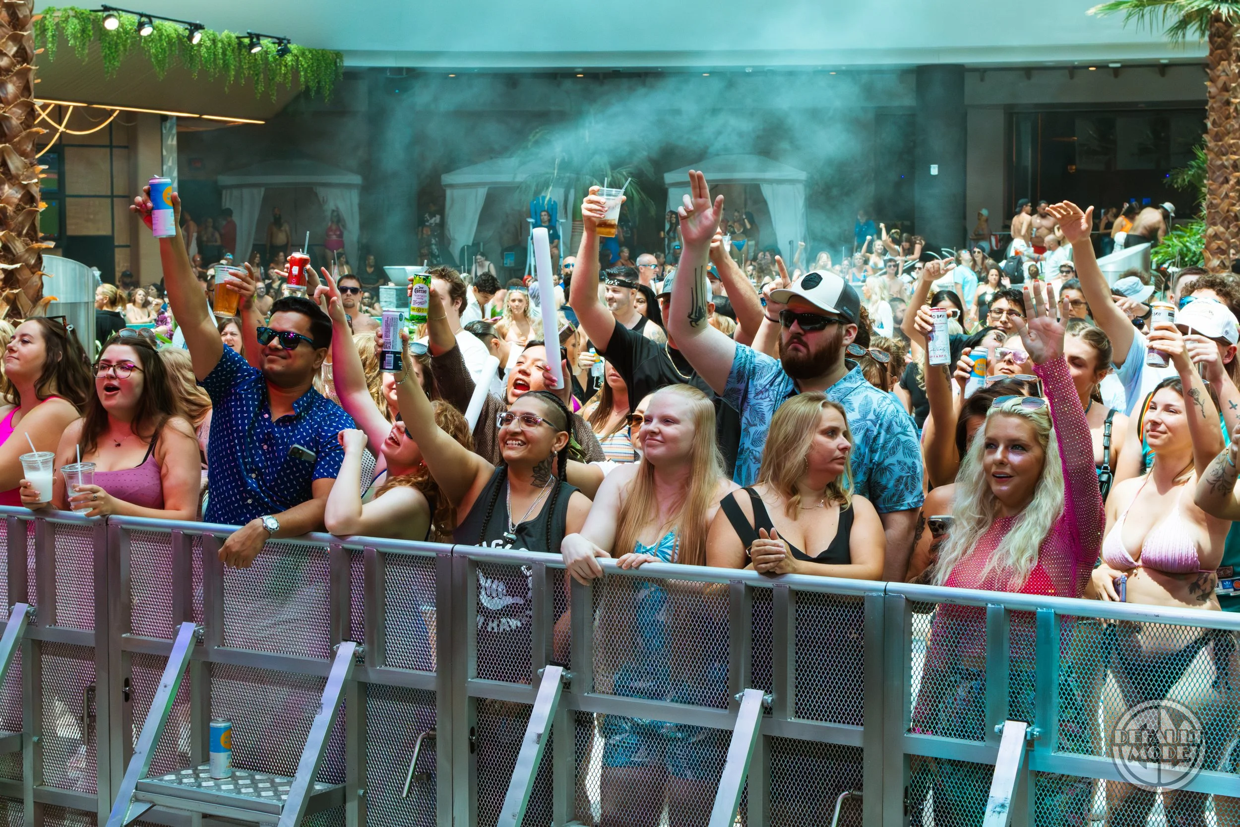 Crowd of people at a concert or festival, some holding drinks and cheering, behind a metal barricade, with palm trees and stage lighting in the background.