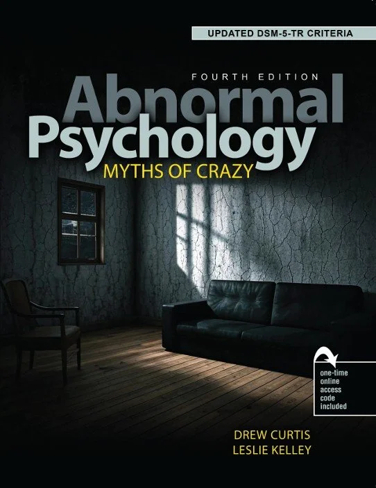 Book cover titled "Abnormal Psychology: Myths of Crazy" with a green landscape background, a brown leather sofa in the foreground, and text indicating it is the third edition with updated DSM-5-TR criteria.