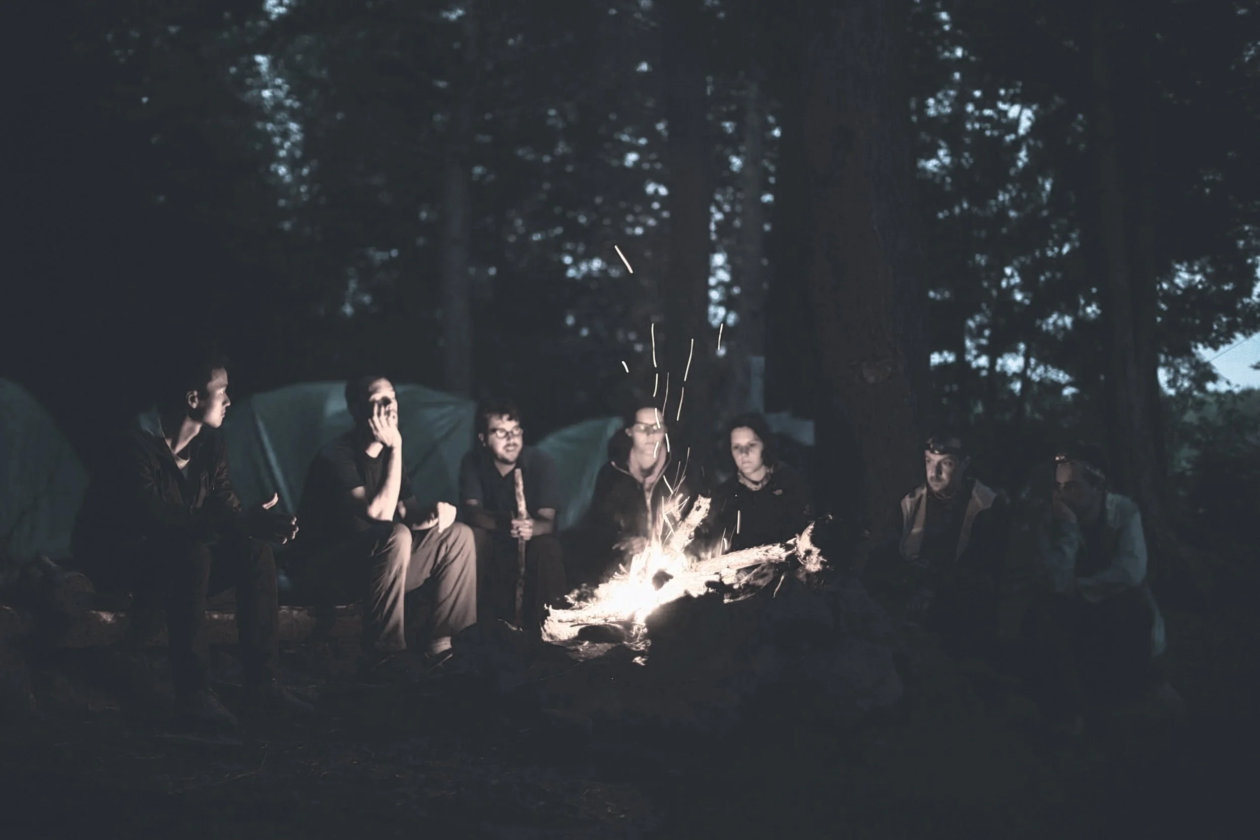 A group of people gathered around a dining table in a cozy wooden cabin, sharing a meal with various dishes and drinks, with sunlight streaming through large glass doors leading to an outdoor deck.