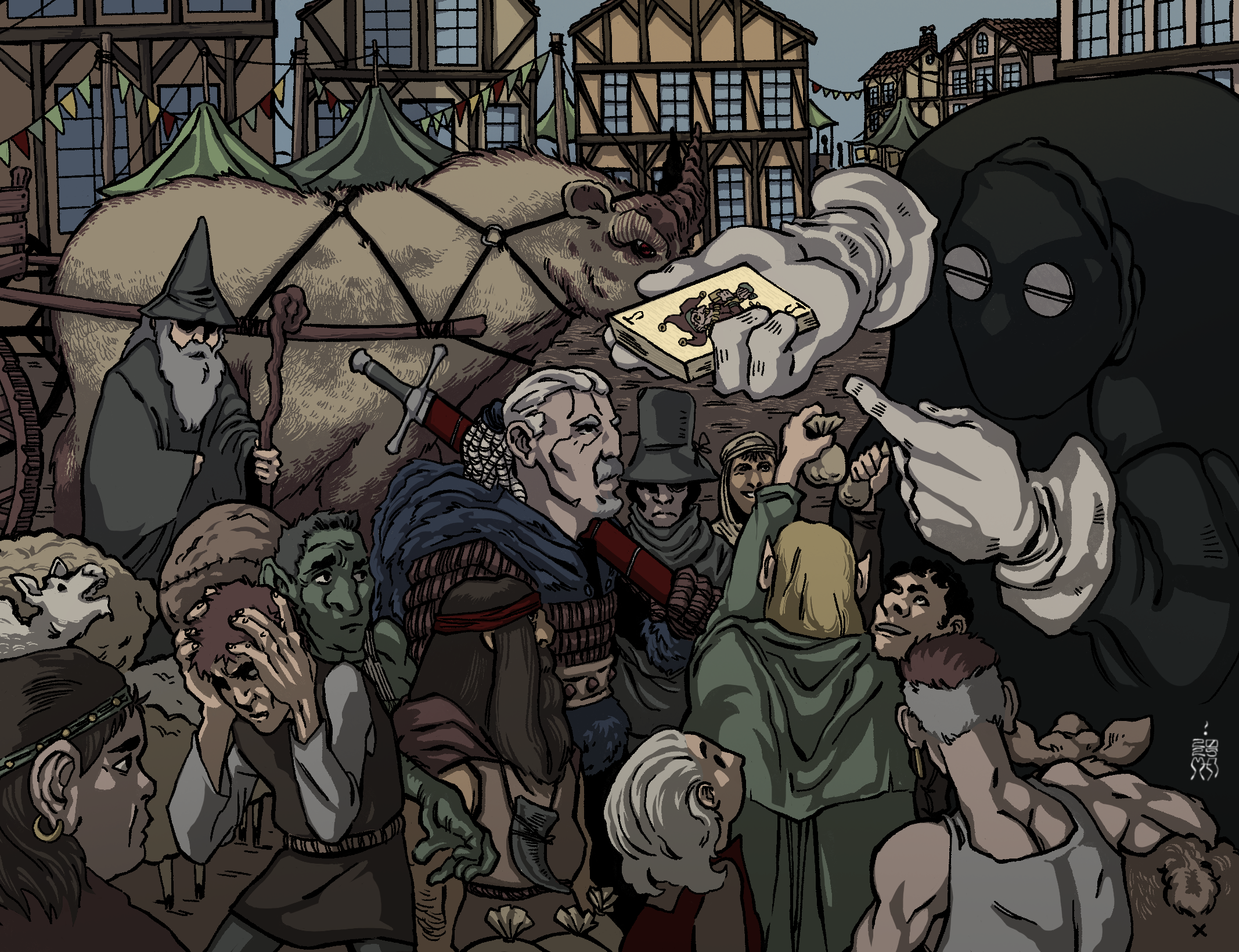 A medieval fantasy scene with a crowd of characters, including a wizard, a green goblin-like figure, a knight with a sword, and a young man pointing at a large, masked figure. There is a giant hamster or guinea pig strapped to a cart in the background, and a giant hand holding a tarot card. The scene appears chaotic and lively in a colorful, detailed art style.