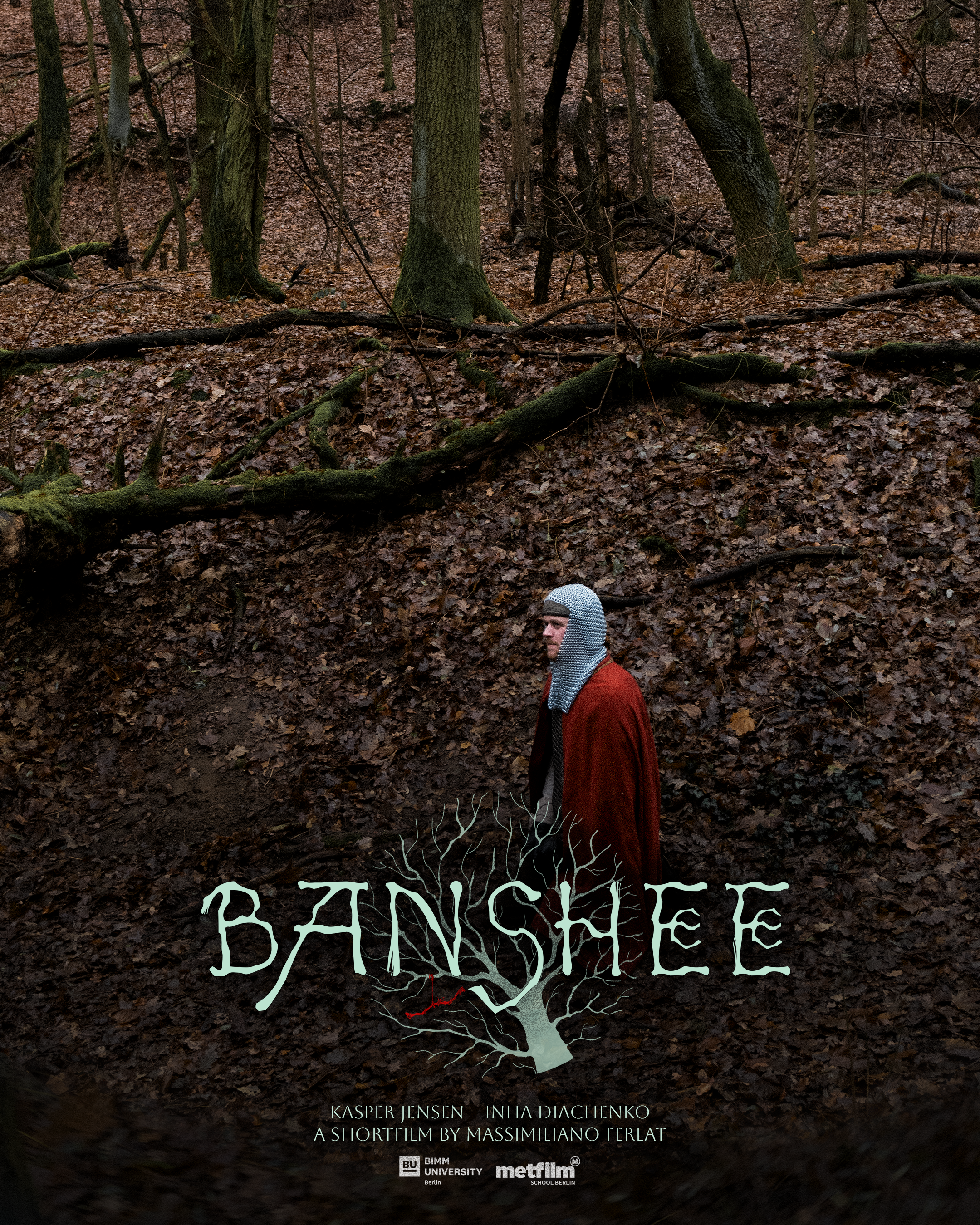 A person dressed in medieval clothing and a chainmail hood stands in a wooded area with fallen leaves, beneath leafless trees and exposed roots.