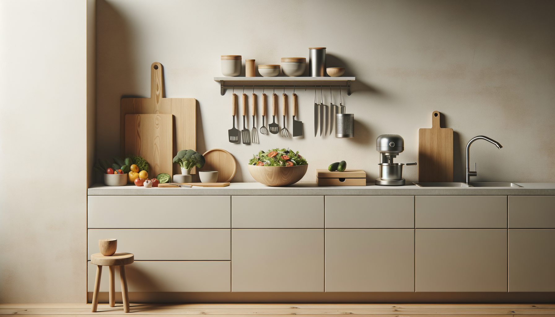Modern kitchen with beige cabinets, wooden cutting boards, vegetables, salad bowl, hanging utensils, containers, a mixer, and a faucet on a countertop.