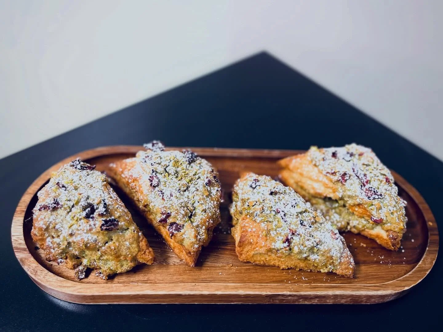 For the month of February: Pistachio Rose Scones! A riff on our popular almond croissant scones - which won&rsquo;t be available this month - filled and topped with rose-scented pistachio cream, and finished with crushed pistachios and rose petals.
 