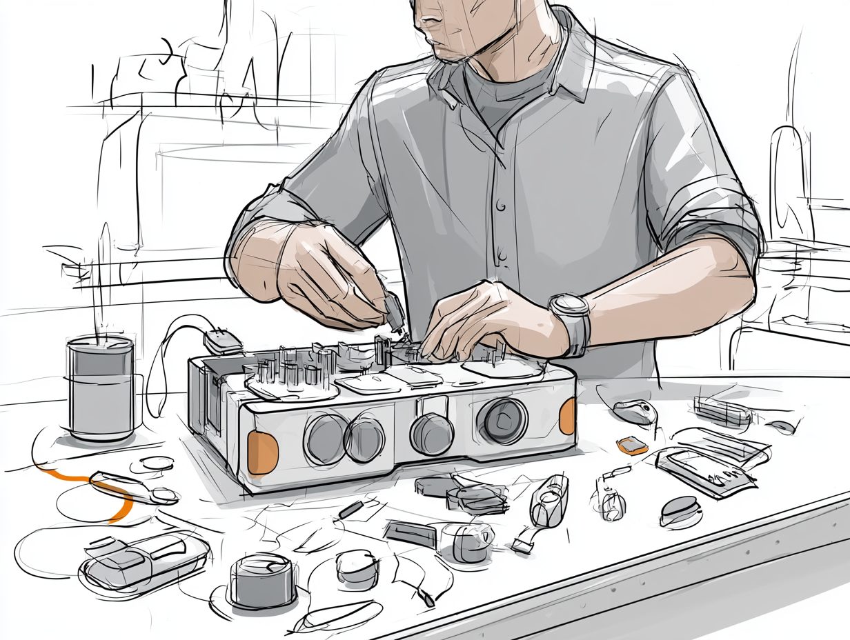 Engineer assembling a prototype electronic device.
