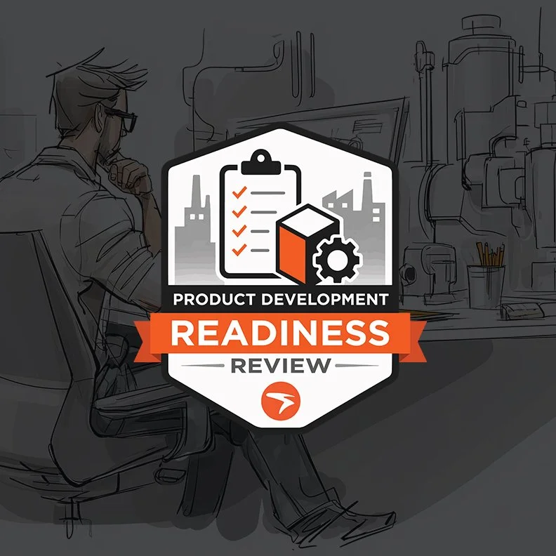 Product Development Readiness Review badge over an engineer reviewing product designs and manufacturing plans for a complex hardware product.