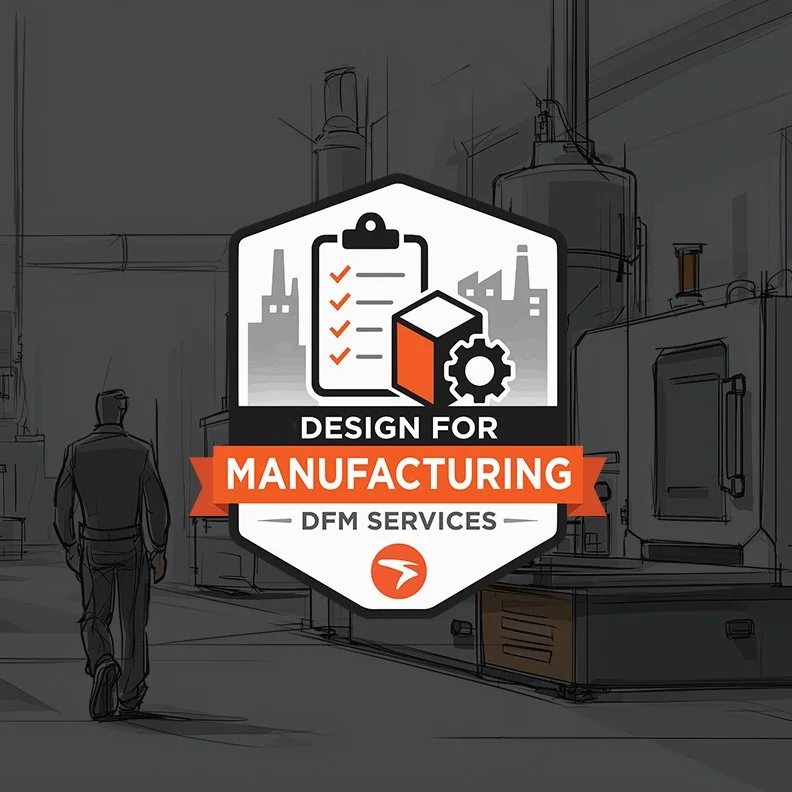 Design for Manufacturing (DFM) Services badge over an engineer evaluating manufacturing processes and production readiness for a complex hardware product.