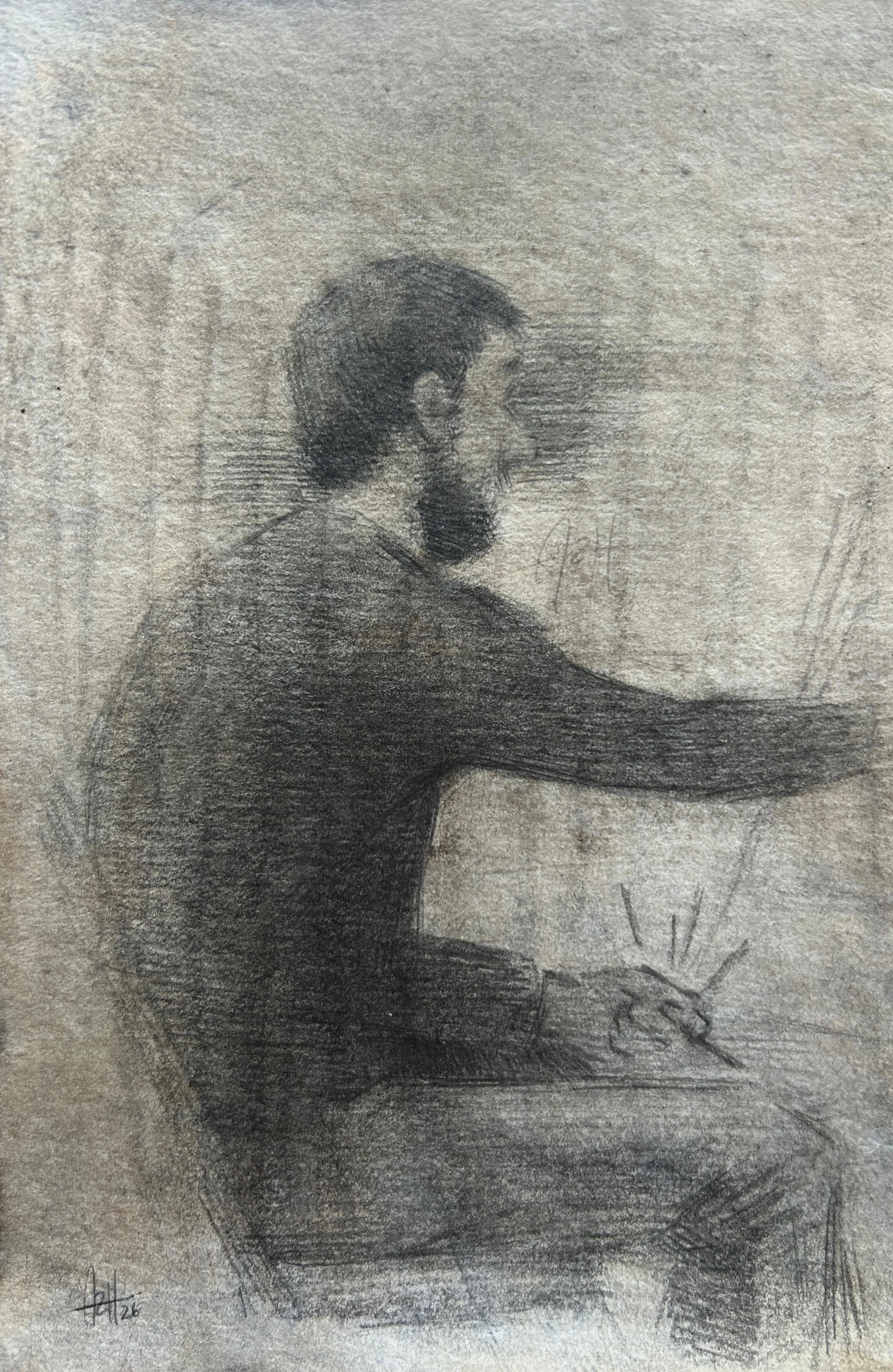 Untitled (sketch of an artist at work), 2026, Graphite, 11 x 18 cm — SOLD